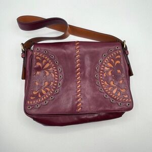 Hype Burgundy Leather Messenger Bag –‎ Cutout Floral Design – Adjustable Strap